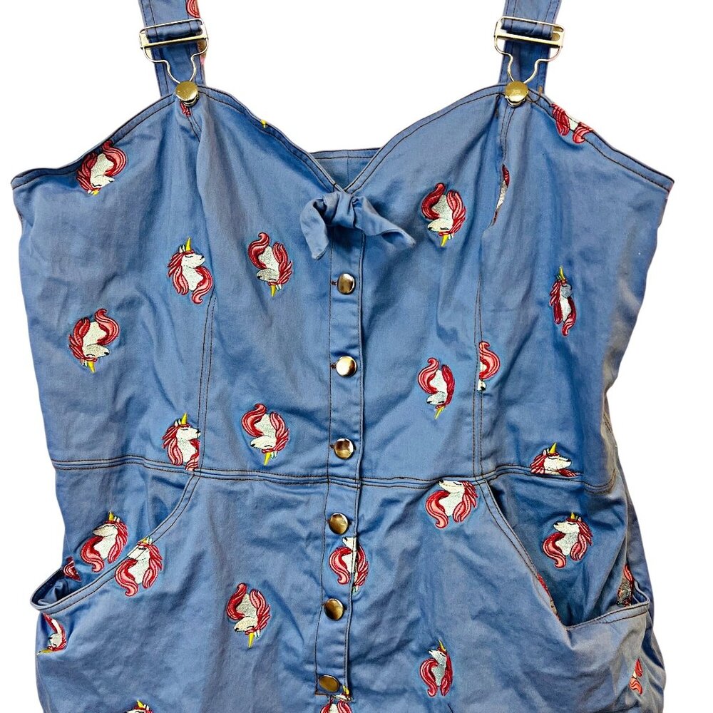 Unique Vintage Periwinkle Denim Mini Dress Embroidered Unicorn Overalls Size 3X - Picture 7 of 11
